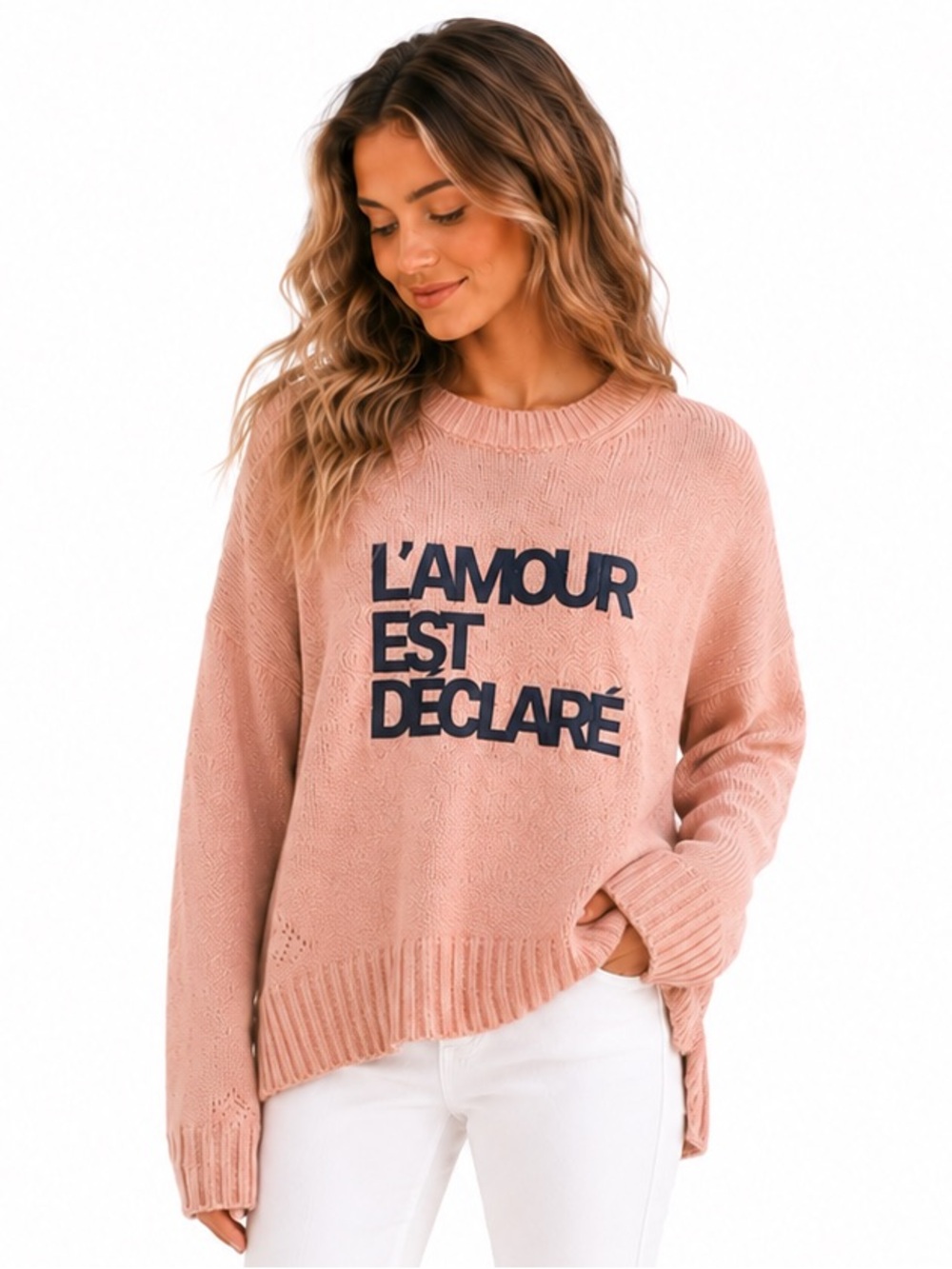 Zadig Voltaire Pink Wool Slogan Sweater Size M Oversized